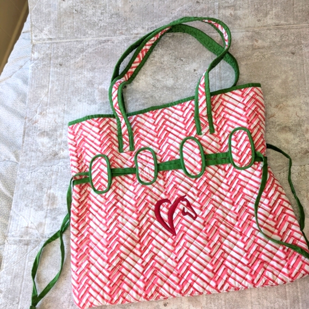 Pomegranate Chic Pink & Green Tote Bag with Embroidered Horse Design